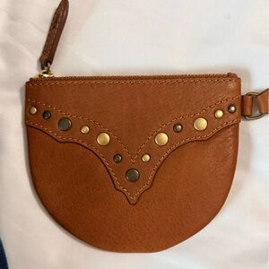 Frye Leather Coin Purse Wristlet Studded Brown Saddle Zip Pouch NWT